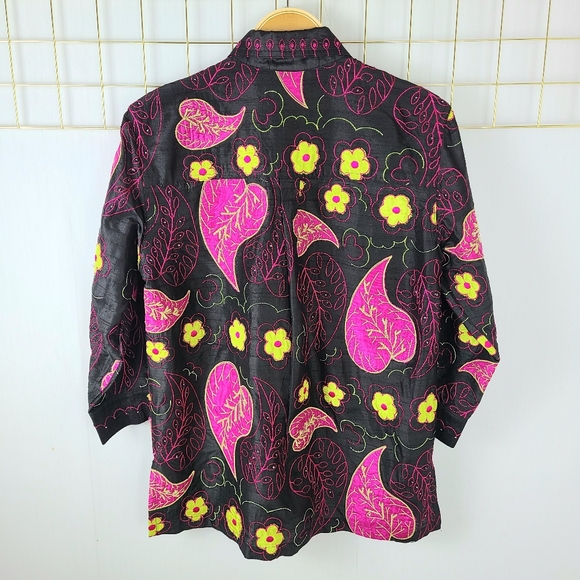 Blue Bayou Black Floral Embroidered Beaded Silk Art To Wear Boho Jacket - Picture 3 of 13